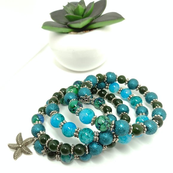 Dark Turquoise, Green and Emerald Aventurine 4 Row Memory Wire Bracelet - Picture 2 of 6